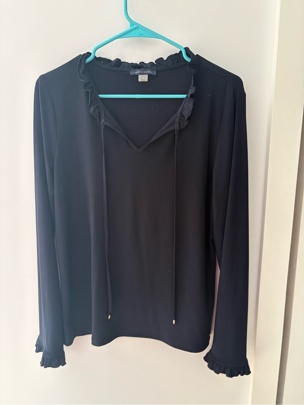 Women's navy blue Ruffle-Trim Long Sleeve Top